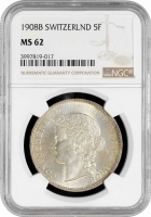 Швейцария 5 франков 1908 г. B, NGC MS62, "Швейцарская Конфедерация (1850 - 1916)"