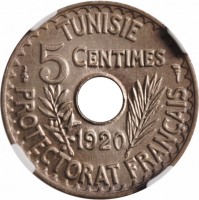 Тунис 5 сантимов AH 1338 (1920) г., NGC MS67, "Французский протекторат (1890 - 1957)" Top Pop 1/0