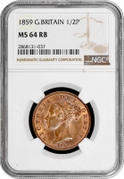 Великобритания 1/2 пенни 1859 г., NGC MS64 RB, "Королева Виктория (1838 - 1901)"