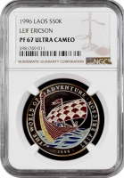 Лаос 50 кипов 1996 г., NGC PF67 UC, "Мир приключений - Лейф Эриксон" Pop 1/1