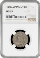 Германия 20 пфеннигов 1887 г. A, NGC MS65, "Германская Империя (1871 - 1922)"