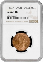 Франция 5 сантимов 1897 г. A TORCH, NGC MS65 RB, "Третья Республика (1870 - 1941)"
