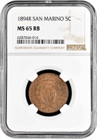 Сан-Марино 5 чентезимо 1894 г., NGC MS65 RB, "Республика Сан-Марино (1864 - 1938)"