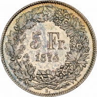 Швейцария 5 франков 1874 г. B., NGC MS62, "Швейцарская Конфедерация (1850 - 1916)"