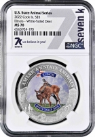 Острова Кука 5 долларов 2022 г., NGC MS70, "Символы штатов США - Иллинойс. Белохвостый олень"