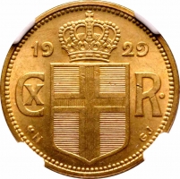 Исландия 1 крона 1929 г. N, NGC MS65, "Король Кристиан X (1922 - 1943)" Top Pop 4/0