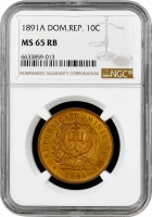 Доминикана 10 сентесимо 1891 г., NGC MS65 RB, "Доминиканская Республика (1844 - 1897)"