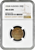 Албания 10 киндар 1926 г. R, NGC MS65 BN, "Королевство Албания (1925 - 1938)"