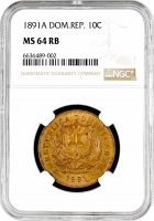 Доминикана 10 сентесимо 1891 г. A, NGC MS65 RB, "Доминиканская Республика (1844 - 1897)"