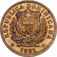 Доминикана 10 сентесимо 1891 г. A, NGC MS65 RB, "Доминиканская Республика (1844 - 1897)"