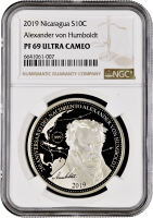 Никарагуа 10 кордоб 2019 г., NGC PF69 UC, "Александр фон Гумбольдт" Top Pop 1/0