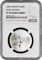 Норвегия 200 крон 2009 г., NGC PF70 UC, "150 лет со дня рождения Кнута Гамсуна"