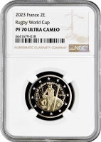 Франция 2 евро 2023 г., NGC PF70 UC, "Чемпионат мира по регби 2023"