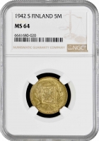 Финляндия 5 марок 1942 г. S, NGC MS64, "Финляндская Республика (Suomi) (1918 - 1962)" Pop 1/1