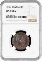 Бразилия 20 рейсов 1869 г., NGC MS63 BN, "Император Педро II (1831 - 1889)"