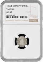 Саксония 1/2 нового гроша 1856 г. F, NGC MS63, "Фридрих Август ІI (1836 - 1854)" Pop 1/1