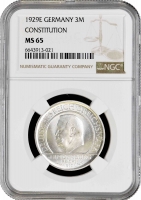 Веймарская Республика 3 рейхсмарки 1929 г. E, NGC MS65, "10 лет Веймарской конституции" Top Pop 1/0