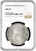 Швейцария 5 франков 1926 г. B, NGC MS62, "Швейцарская Конфедерация (1917 - 1967)"