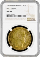 Франция 20 франков 1929 г., NGC MS63, "Третья Республика (1870 - 1941)" MAZ-2554A