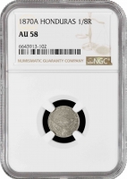 Гондурас 1/8 реала 1870 г. A, NGC AU58, "Песо (pre-decimal) (1862 - 1871)"