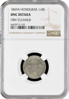 Гондурас 1/4 реала 1869 г. A, NGC UNC Det., "Песо (pre-decimal) (1862 - 1871)"