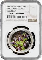 Сингапур 5 долларов 2007 г., NGC PF69 UC, "Орхидеи - Vanda Mini Palmer"