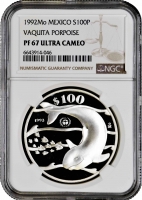 Мексика 100 песо 1992 г., NGC PF67 UC, "Калифорнийская морская свинья (Phocoena sinus)"