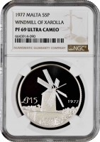 Мальта 5 фунтов 1977 г., NGC PF69 UC, "Ветряная мельница Ксароллы" Top Pop 4/0