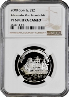 Острова Кука 2 доллара 2008 г., NGC PF69 UC, "Парусные корабли - Александр фон Гумбольдт" Top Pop 1/0