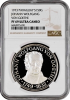Парагвай 150 гуарани 1973 г., NGC PF69 UC, "Иоганн Вольфганг фон Гёте" Top Pop 2/0