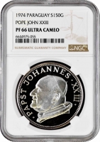 Парагвай 150 гуарани 1974, NGC PF66 UC, "Папа Римский Иоанн XXIII" Pop 1/3