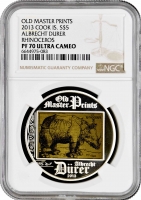Острова Кука 5 долларов 2013 г., NGC PF70 UC, "Гравюра Альбрехта Дюрера "Носорог"" Top Pop 6/0