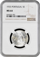 Португалия 5 эскудо 1933 г., NGC MS64, "Португальская Республика (1911 - 1969)"