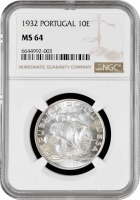 Португалия 10 эскудо 1932 г., NGC MS64, "Португальская Республика (1911 - 1969)"