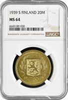 Финляндия 20 марок 1939 г. S, NGC MS64, "Финляндская Республика (Suomi) (1918 - 1962)" Pop 3/1