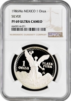 Мексика 1 онза 1986 г. Mo, NGC PF69 UC, "Серебряная инвестиционная монета "Свобода"