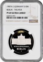 ГДР 10 марок 1987 г., NGC PF69 UC, "750 лет Берлину – Драматический театр" Top Pop 3/0
