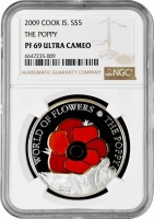 Острова Кука 5 долларов 2009 г., NGC PF69 UC, "Мир цветов - Мак" Top Pop 2/0