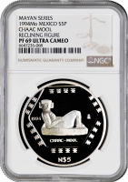 Мексика 5 песо 1994 г. Mo, NGC PF69 UC, "Доколумбова культура - Chaac Mool"