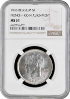 Бельгия 5 франков 1936 г. French, NGC MS64, "Король Леопольд III (1934 - 1947)" Pop 1/2