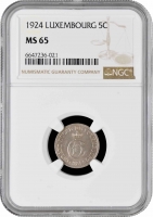 Люксембург 5 сантимов 1924 г., NGC MS65, "Великая герцогиня Шарлотта (1918 - 1964)"
