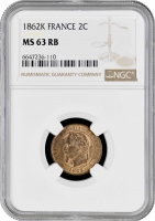 Франция 2 сантима 1862 г. K, NGC MS63 RB, "Император Наполеон III (1852 - 1870)"
