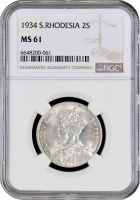 Южная Родезия 2 шиллинга 1934 г., NGC MS61, "Колония Великобритании (1932 - 1955)" KEY DATE Pop 1/2