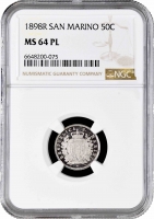 Сан-Марино 50 чентезимо 1898 г. R, NGC MS64 PL, "Республика Сан-Марино (1864 - 1938)" Top Pop 1/0