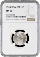 Доминикана 5 сентаво 1944 г., NGC MS64, "Доминиканская Республика (1937 - 2023)"