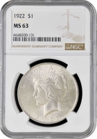 США 1 доллар 1922 г., NGC MS63, "Мирный доллар"