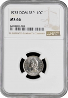 Доминикана 10 сентаво 1973 г., NGC MS66, "Доминиканская Республика (1937 - 2020)"