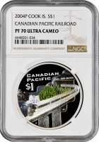 Острова Кука 1 доллар 2004 г., NGC PF70 UC, "Железнодорожные путешествия - Канадская тихоокеанская ж/д"