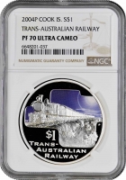 Острова Кука 1 доллар 2004 г., NGC PF70 UC, "Железнодорожные путешествия - Трансавстралийская ж/д"