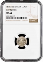 Ганновер 1/2 гроша 1858 г. B, NGC MS64, "Король Георг V (1851 - 1866)"